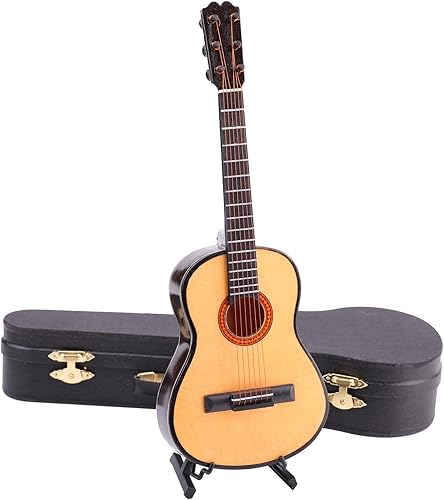 Vista 40 de Guitarra miniatura de madera con soporte y estuche, mini instrumento musical, réplica de guitarra, figuras coleccionables, accesorios de casa