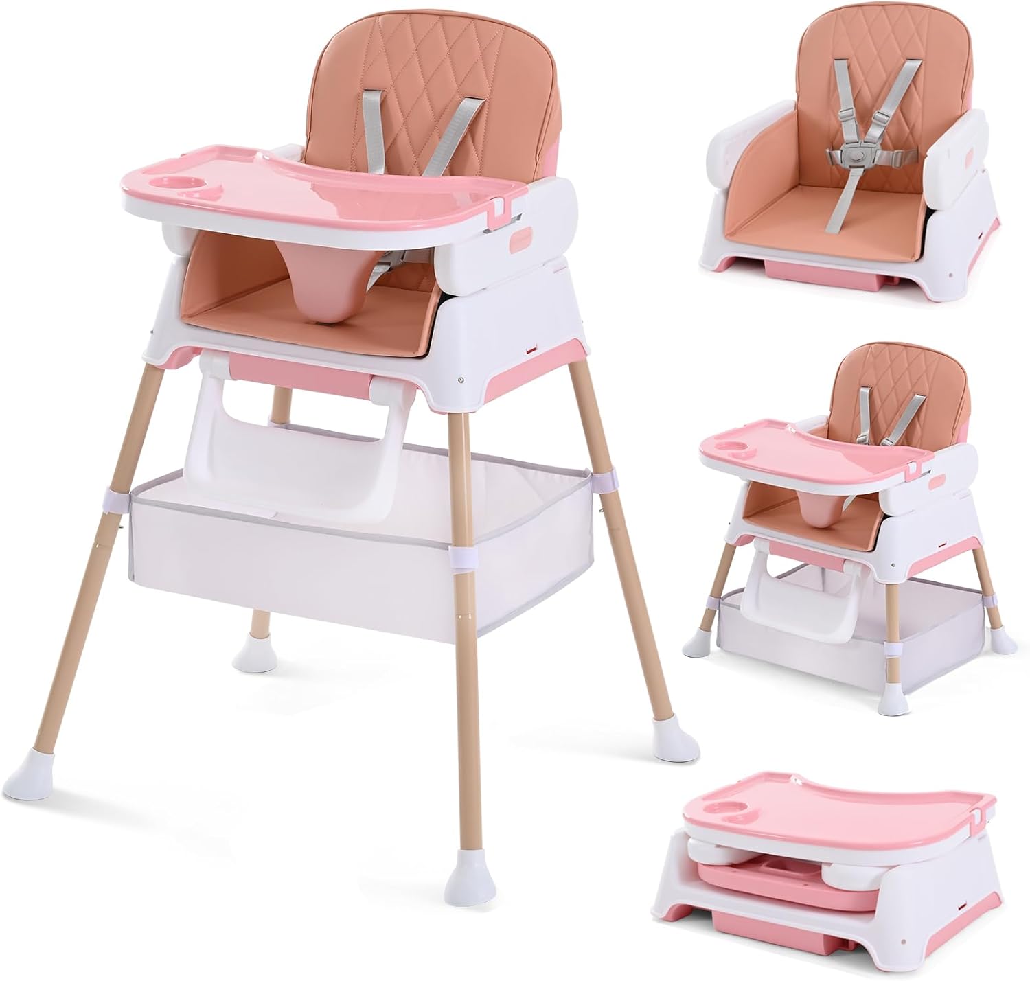 High Chairs for Babies and Toddlers, Adjustable Convertible 3 in 1 Baby High Chair, Portable Compact Baby Infant Feeding Chair Travel Highchair Booster for Toddler, from 6 Month to 3 Years Pink