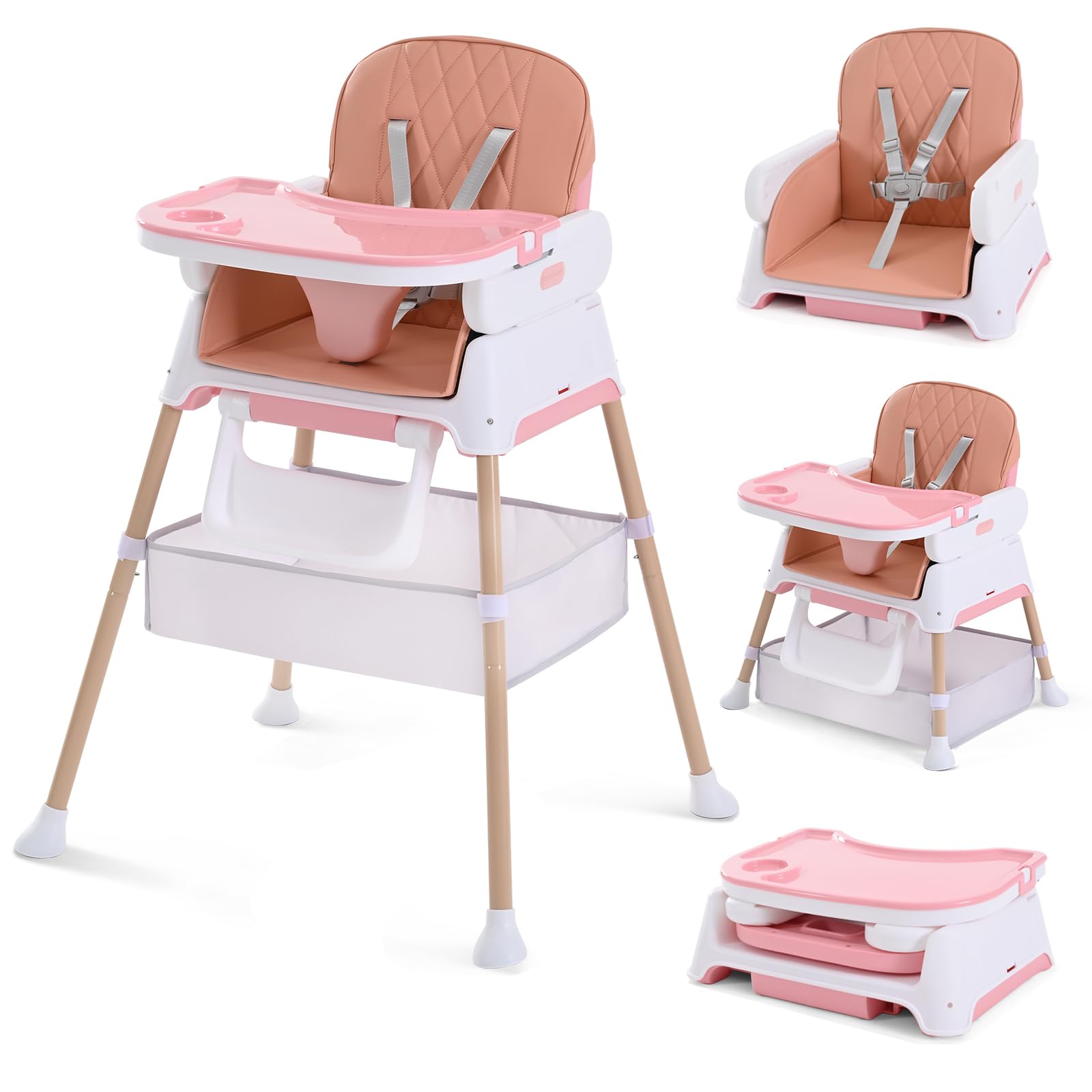 Hochstuhl Baby, Verstellbare Umwandelbare 3 in 1 Kinderhochstuhl, Tragbare Kompakte Baby Kleinkind Fütterung Stuhl Reise Hochstuhl Booster für Kleinkind, von 6 Monaten bis 3 Jahren Rosa