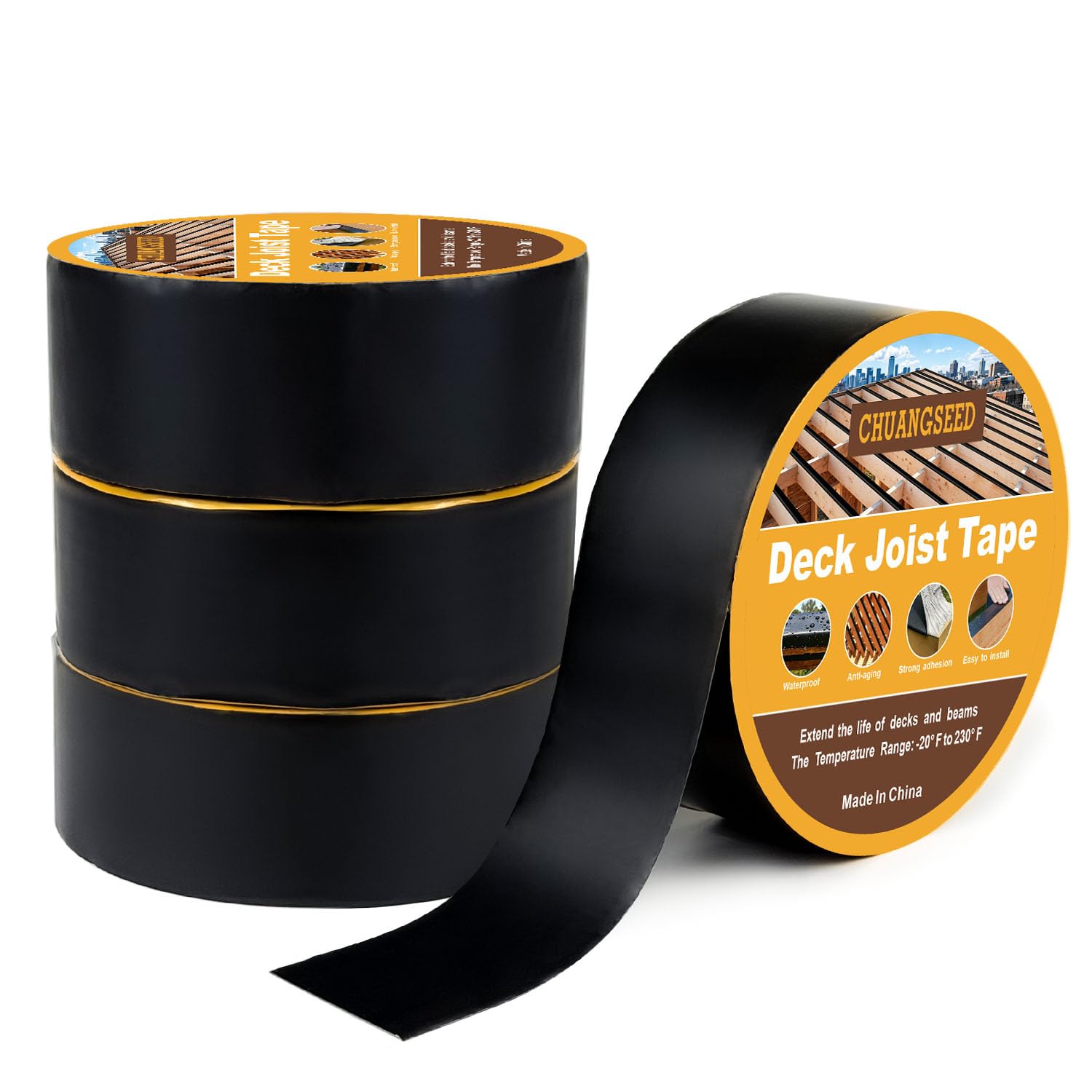 CHUANGSEED 4Rolls Black Deck Joist Tape, 50mm x 15.2m Butyl Rubber Waterproof Anti-Corrosion Protection Tape for Wood Beam, Outdoor Patio Walkway Terrace Joist Construction