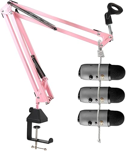 Miniatura 3 de Soporte de micrófono rosa, tijera de suspensión con brazo de brazo de micrófono con montaje de choque, abrazadera de escritorio mejorada para hielo