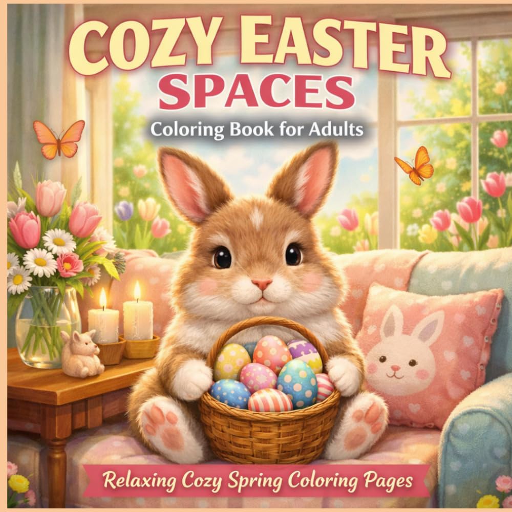 Cozy Easter Spaces Coloring Book for Adults: Relaxing Cozy Spring Coloring Pages with Cute Bunnies, Easter Eggs, Cozy Rooms, Bunny Cafes and Peaceful Easter Scenes