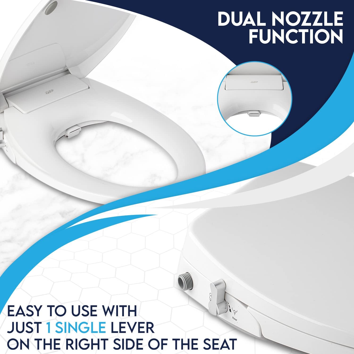 JEP Dual Nozzle Manual Bidet Toilet Seat for Round Toilets with Soft Close Seat and Cover | Bidet Seat for Rear & Feminine Cleaning, Easy to Install, Convenient, and Power Free (Round Toilet)