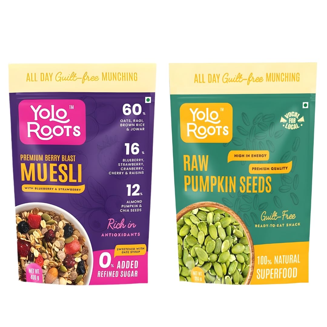Yolo Roots Berry Blast Muesli 400g & Raw Pumpkin Seeds 200g Combo | Multigrain Breakfast Cereal with Blueberry, Strawberry & Cranberry | High Fiber, Plant Protein Superfood Seeds (Pack of 2)
