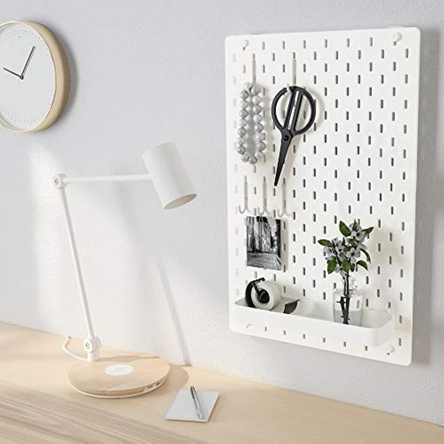 IKEA Skadis Pegboard White 36 x 56cm with 5 Hooks and Shelf Bundle. Home, office, kitchen and garage organiser/storage solution