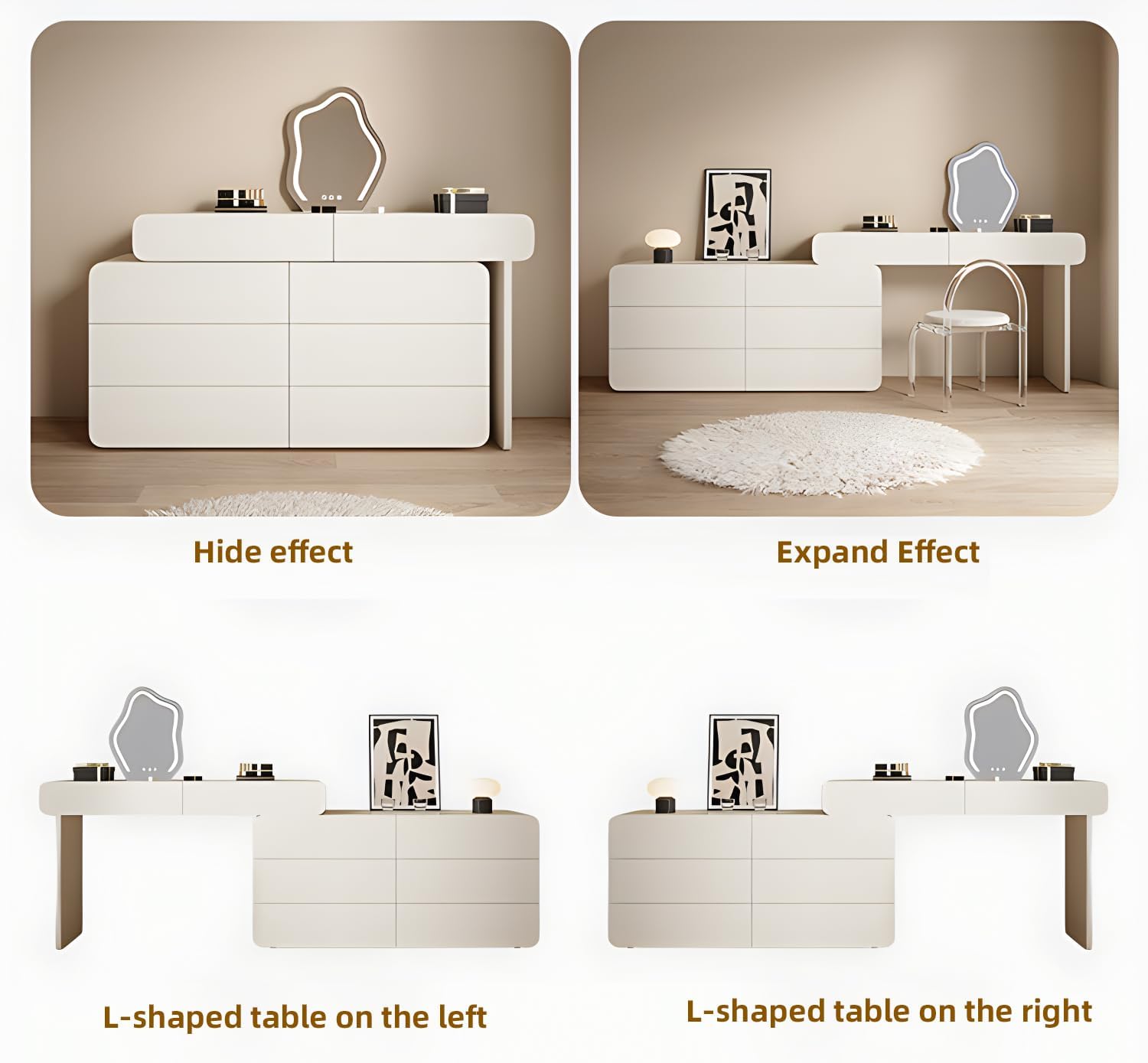 L-Shaped 6 Drawer Vanity Dresser Combo, Fully Assembled Extendable Makeup Desk, Modern Dressing Table for Bedroom, Rotatable Corner Vanity with Storage (White & 8 Drawer)