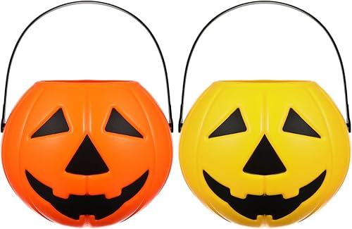 DECHOUS Paquete de 2 cubos de plástico para calabaza de Halloween cestas pequeñas de caramelo de calabaza de 6.7 x 5.5 pulgadas, cesta de Halloween
