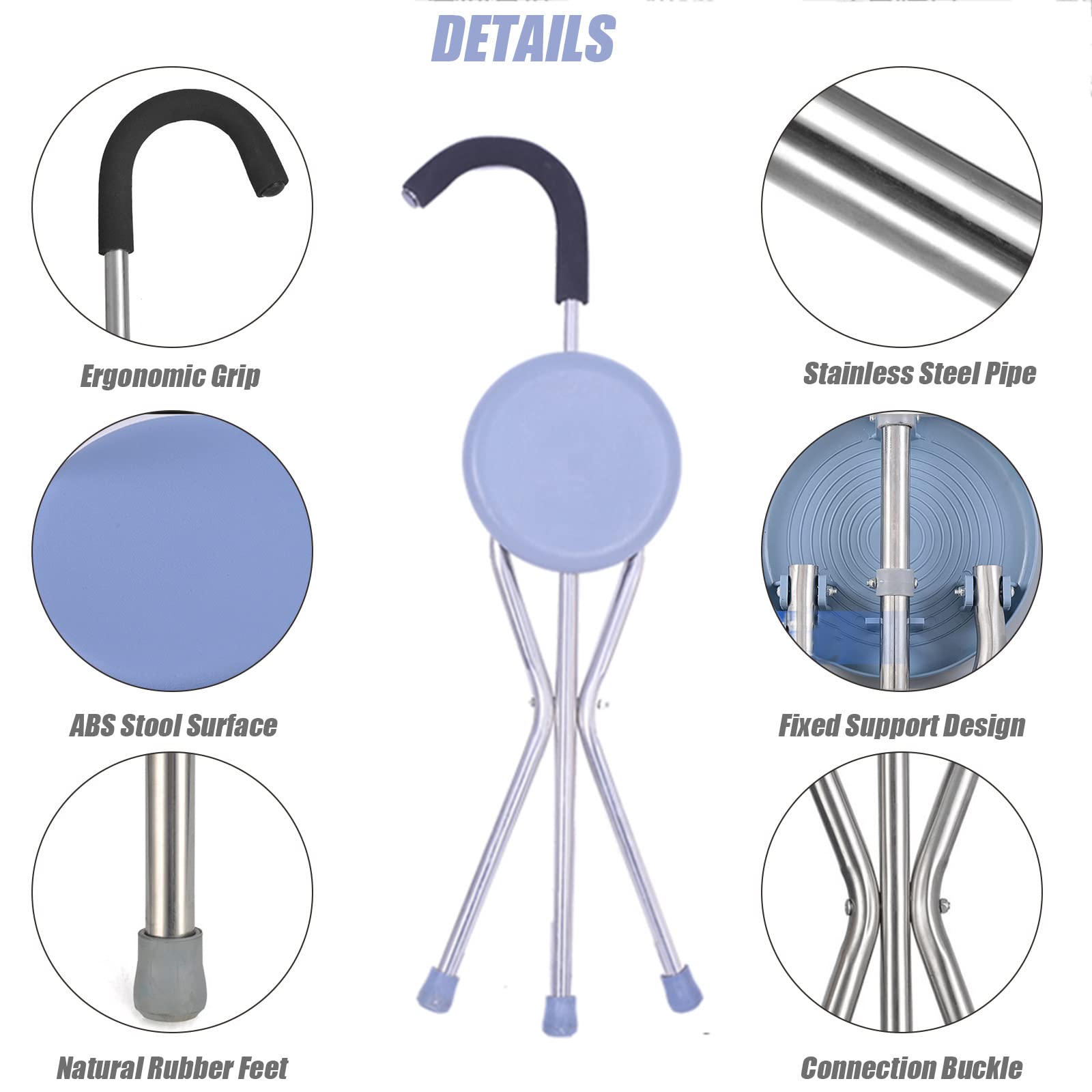 BIHOME Asiento de caña de Caminar Plegable, Silla de espesas para Mujeres y Hombres, muleta de heces de Acero Inoxidable con 3 Patas para Viajes de Edad Avanzada al Aire Libre