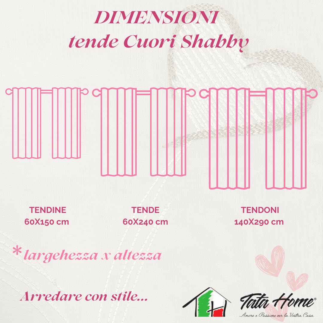Tata Home Coppia Tendoni per Interni a Vetro Finestra Semitrasparenti Bianche Tende Camera Soggiorno Sala da Pranzo Fantasia Shabby Chic 140x290 cm con Cuori Beige