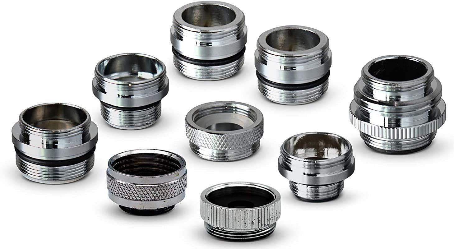 Tazweeq 9 Piece Faucet Adapter Kit, Brass Aerator Adapter Set, Connect Garden Hose, Water Filter, Standard Hose Via Diverter, Male & Female Faucet Adapter for Sinks, Assorted Sizes, Silver