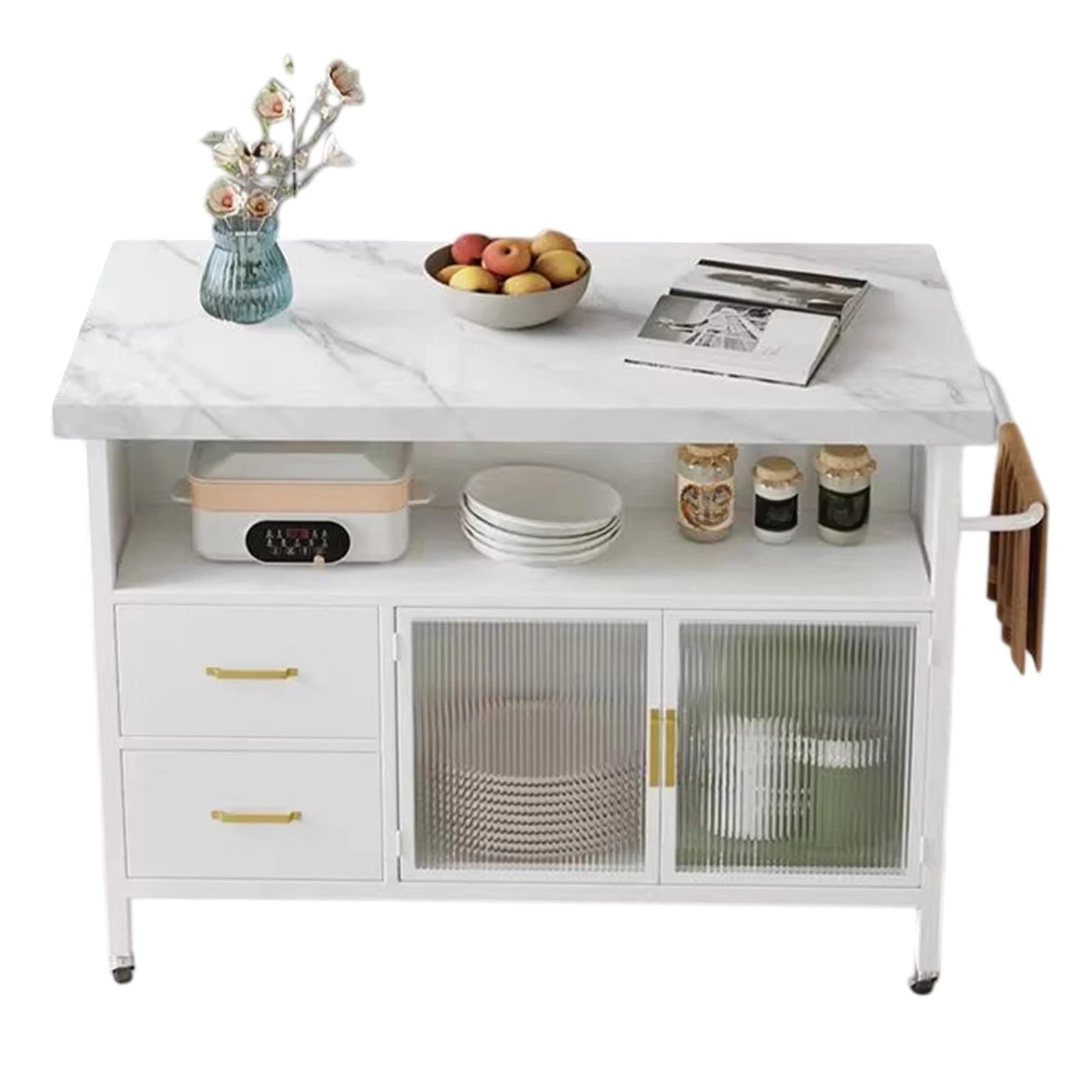 Rolling Kitchen Island with Stone Top, mały czarny metalowy wózek, szafka do przechowywania, wszechstronne meble kuchenne, oszczędność miejsca, idealna do gotowania i jadalni