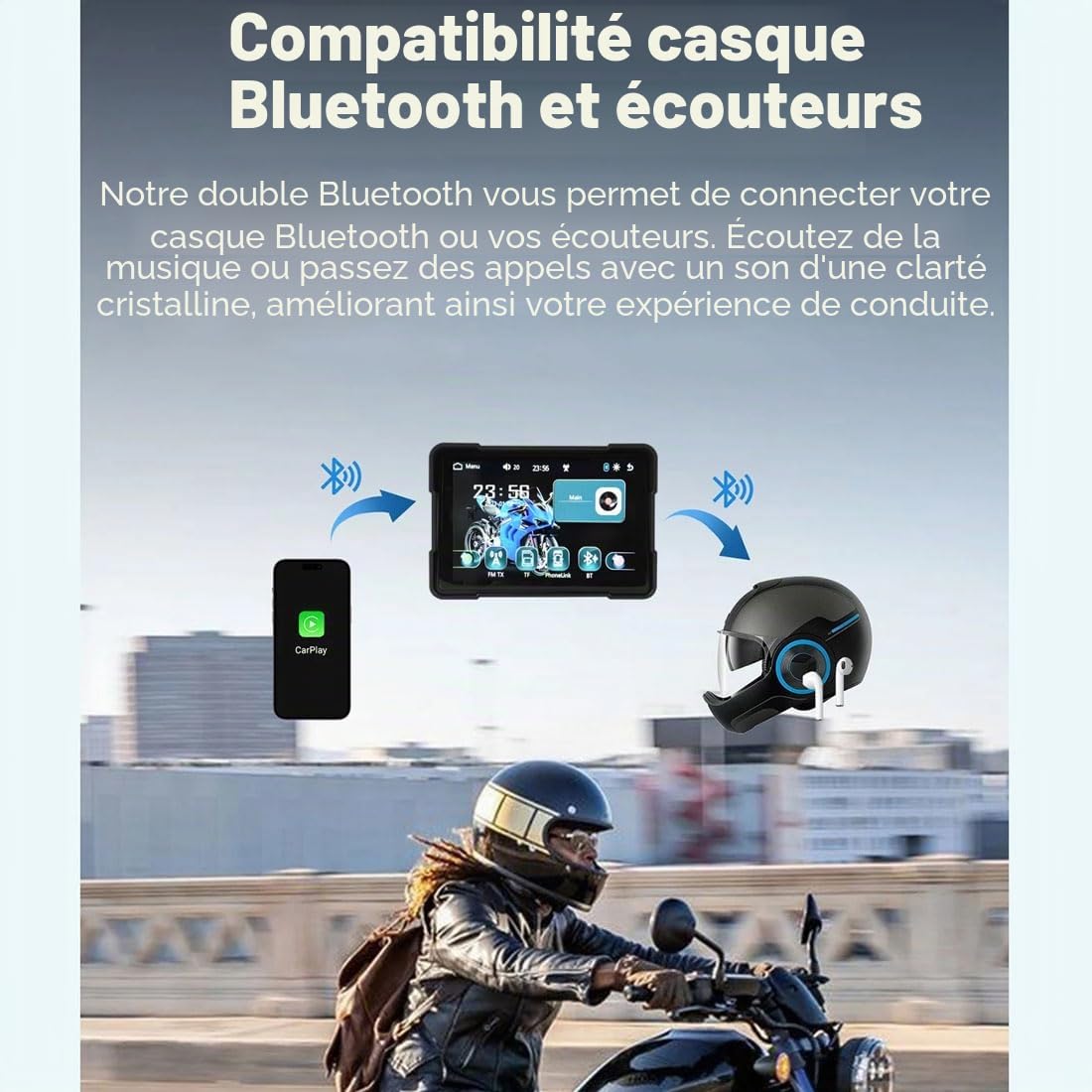 Écran Tactile Portable de 5 Pouces pour Moto, écran Tactile sans Fil CarPlay et Android Auto, Double Bluetooth, étanche IP66, Prend en Charge Siri et G-oogle Assistant