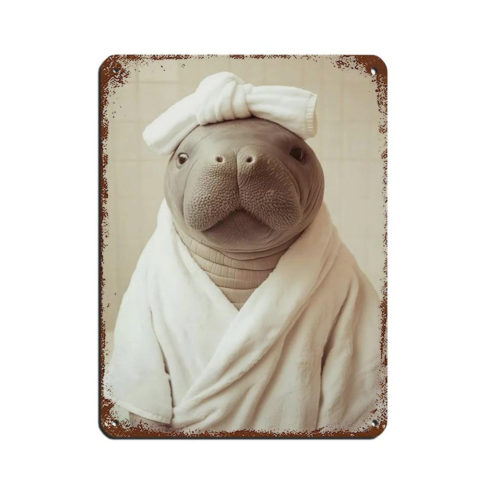 Manatee Wearing A Bathrobe, Bathroom Art Retro Poster Metal Tin Sign Chic Art Retro Iron Painting Bar People Cave Cafe Family Garage Poster Wall Decoration 12x16inch(30x40cm)