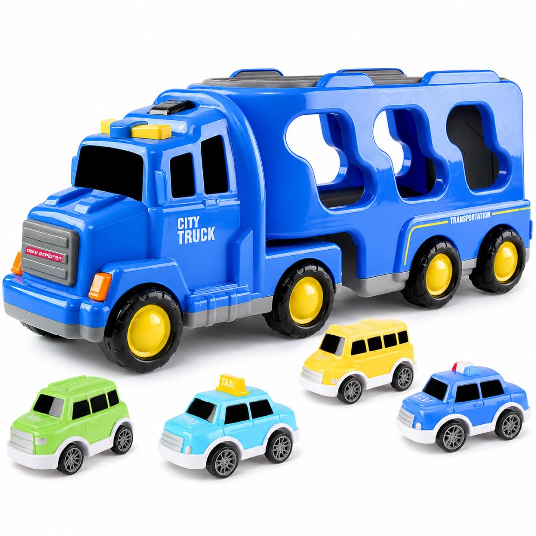 MiniExplorer 5-in-1 Friction-Powered Truck Toy Set with Music for Kids Ages 3+ Years Montessori Educational Transport Carrier Vehicle Toy for Boys & Girls, Fun Birthday Gift