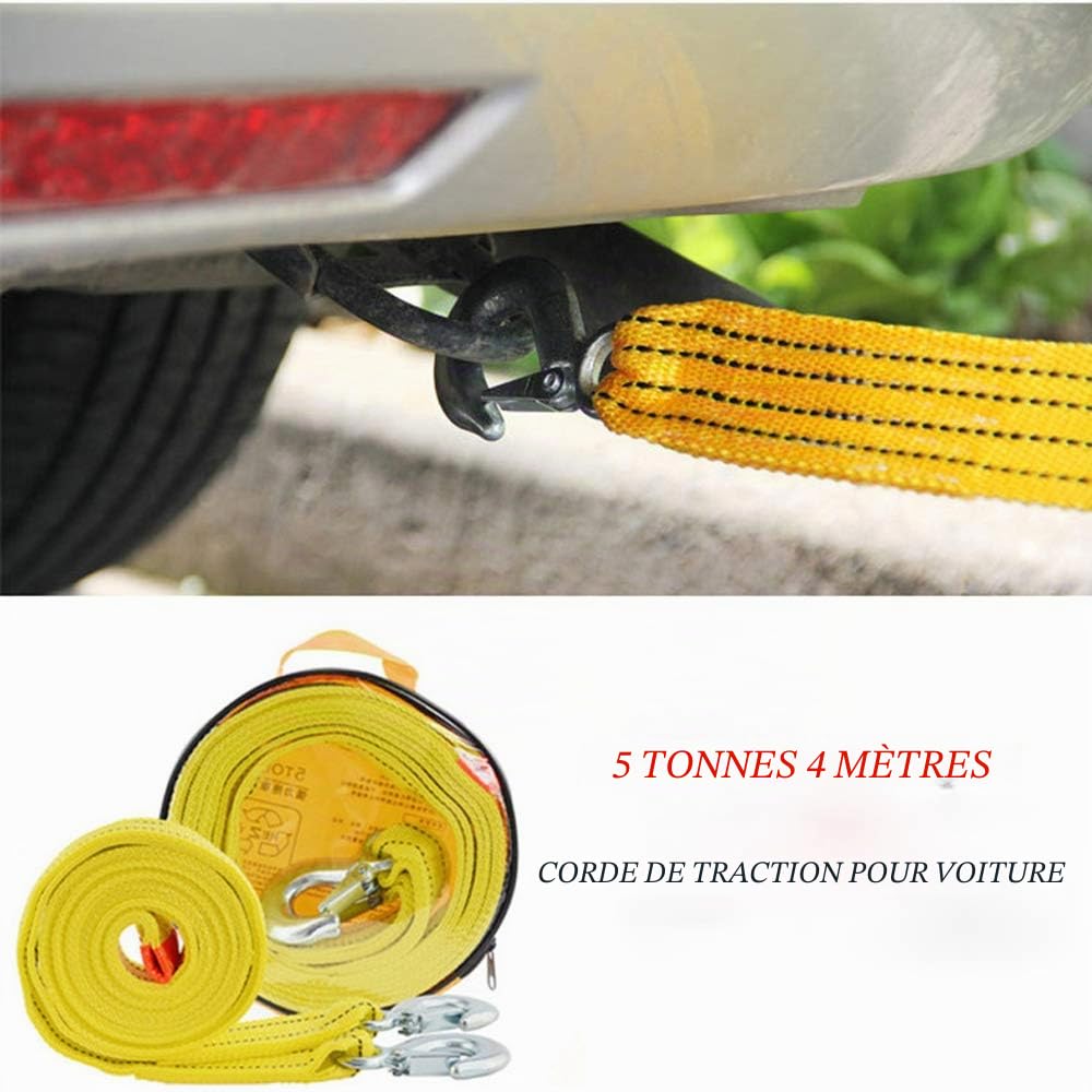 Sangles de remorquage Robustes avec Crochets, Sangle de remorquage Double Couche, 5 tonnes, capacité de 4 mètres, pour Voitures, camions, Jeep, Bateaux et Plus Encore, Corde de remorquage Jaune