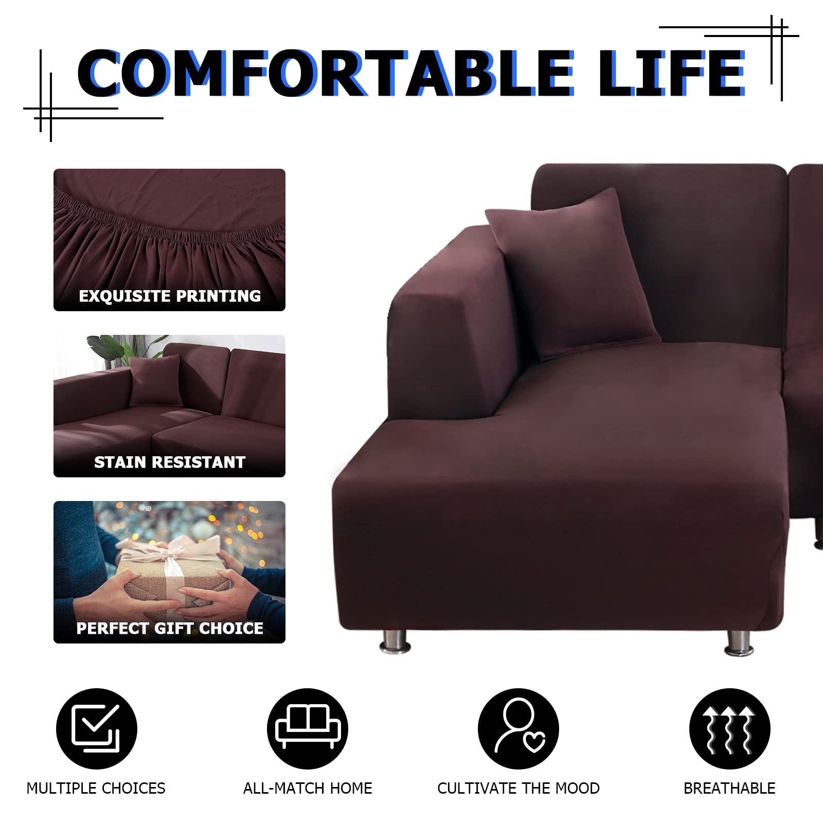 Lydevo Copridivano con Penisola Elasticizzato,Copridivano Angolare a Sinistra/Destra Universale con 2 Federi,Fodere Divano Penisola Forma di L,Chaise Longue Sofa Cover(3 Posti+4 Posti,Caffè)