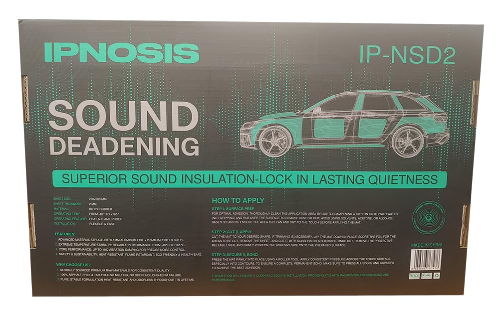Insonorizzante Auto Autoadesivo in Butile e Alluminio IPNOSIS IP-NSD2, 4 Fogli 75×50 cm, Spessore 2 mm, Copertura 1,52 m², Isolamento Acustico, Antivibrazione, Ideale per Auto e Altri Veicoli.