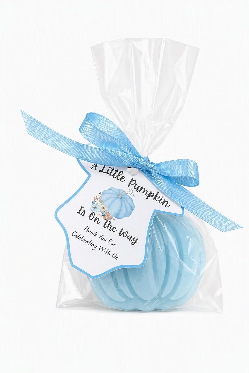 25 Blue Pumpkin Handmade Soap Baby Shower Favor with Gift Tag | Baby Boy Party Souvenir, Includes Thank You Tag, Clear Bag & Ribbon, Keepsake for Guests, Little Pumpkin Theme