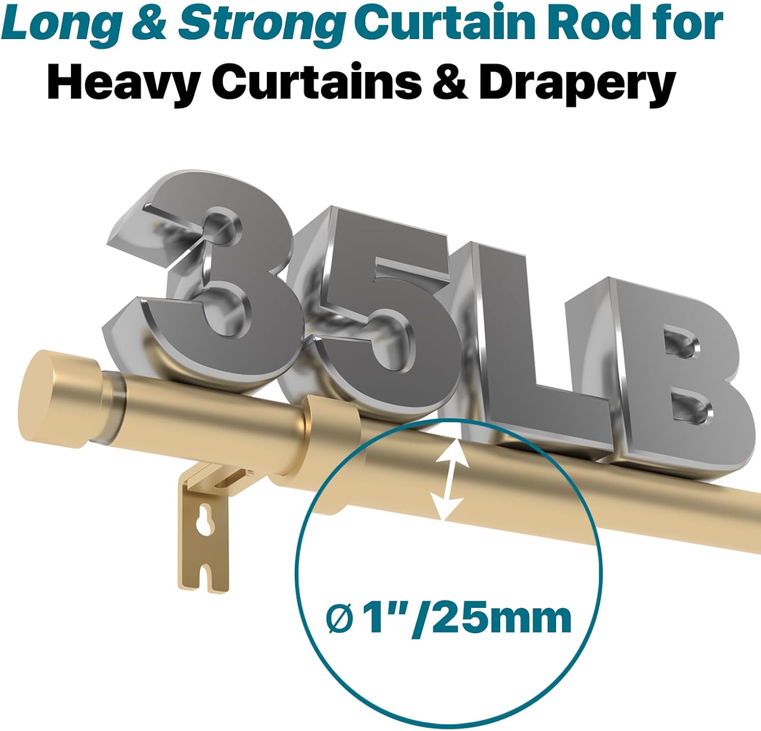 Gold Extra Long Curtain Rod 30 to 214 inch, Heavy Duty, Metal, Wall Mounted, 1.5 inches Diameter, 2.477 kg, 35 lbs Max Weight, Window Treatment Single Rods