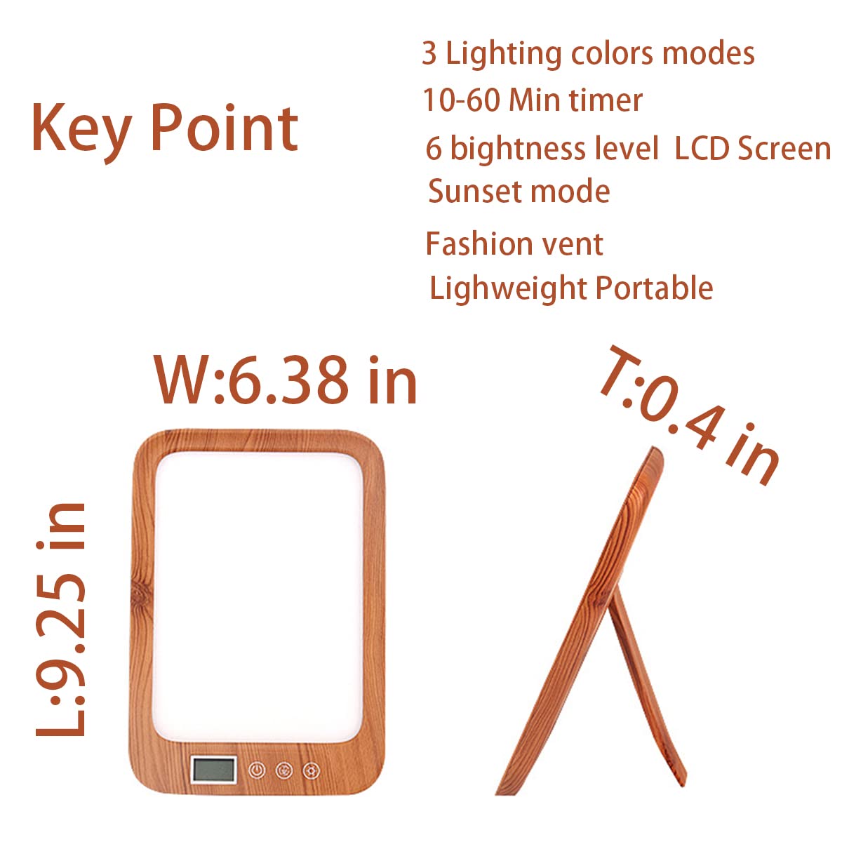 Lampe de thérapie lumineuse, pour la maison/le bureau/les voyages, lampe LED lumière du jour, 10 000 lux, sans UV, 3 couleurs, 6 modes de luminosité, écran LCD, 6 fonctions minuterie (grain de bois)