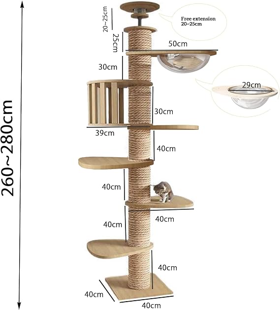 Floor to Ceiling cat Tree - Adjustable Height (95-98in,104.3-108.2in)- Tall cat Tree with Width 4.33 in Scratching Post,Cat Hammock,Fully Wrapped with sisal Rope - Heavy Duty cat Tree.(Holds 110 lbs)
