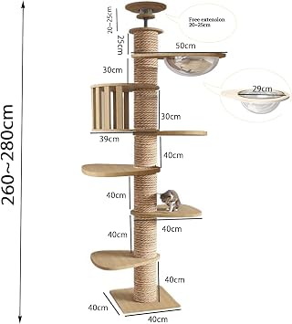 Floor to Ceiling cat Tree - Adjustable Height (95-98in,104.3-108.2in)- Tall cat Tree with Width 4.33 in Scratching Post,Cat Hammock,Fully Wrapped with sisal Rope - Heavy Duty cat Tree.(Holds 110 lbs)