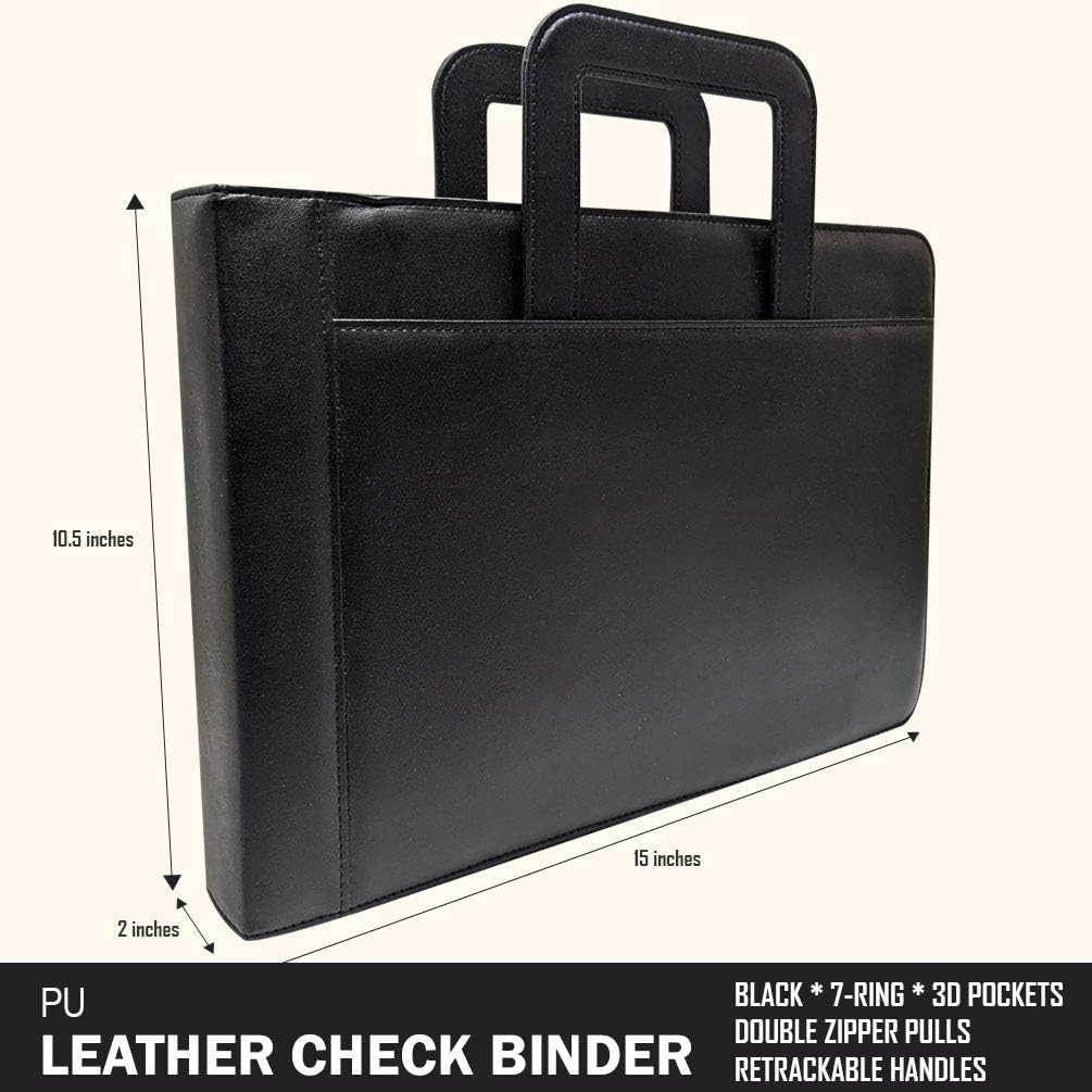 MSP 7 Ring Business Check Portfolio, Business Checkbook Briefcase in PU Leather with Handles, Zip Pockets, 3 Ring Binder, Carry 500 Business Check- Black