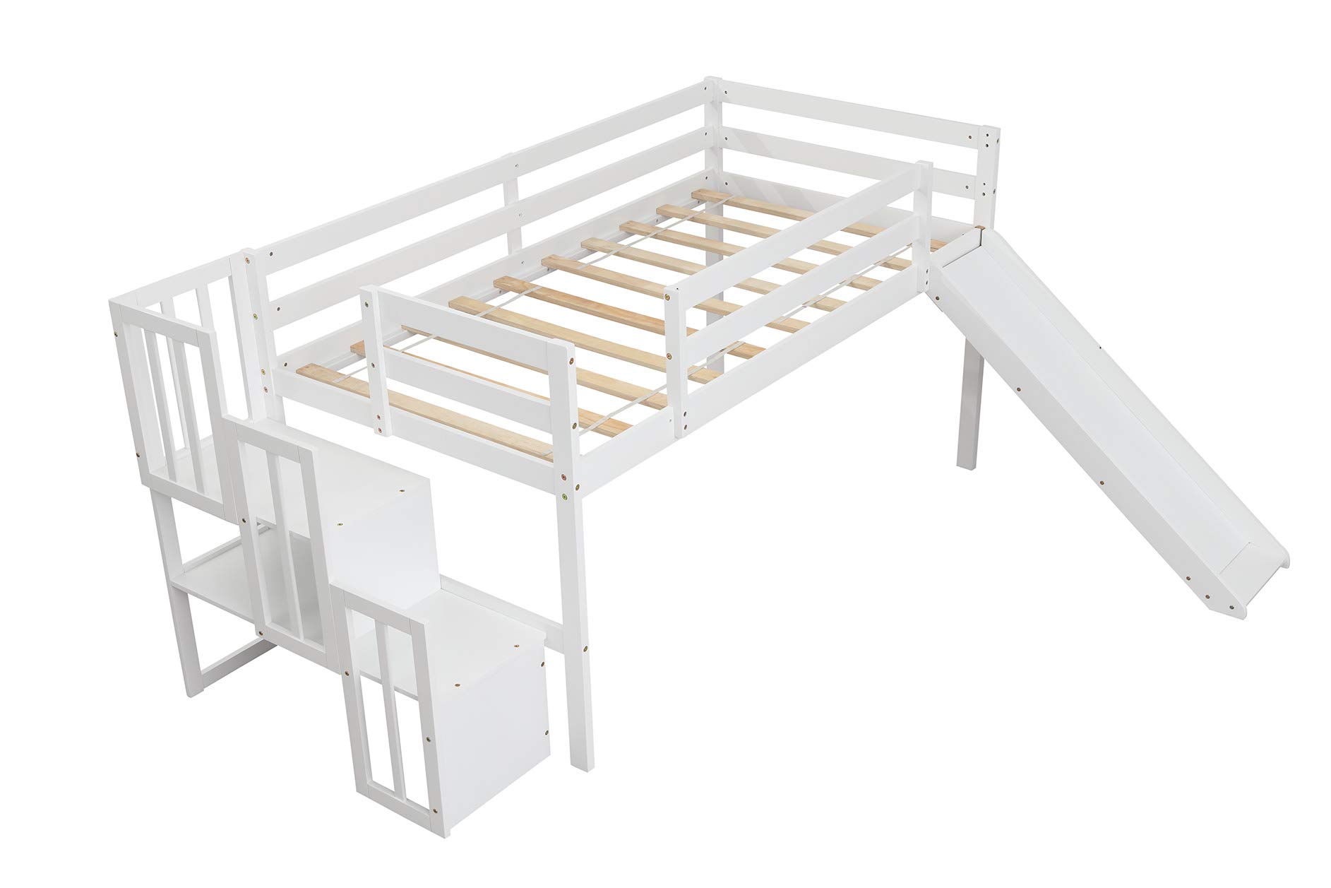 DNYN Stairway Twin Size Loft Bed with Storage Staircase & Slide for Kids Bedroom,Solid Wood Bedframe w/Safety Guardrails,Space Saving Design & No Box Spring Need,Easy Assembly,Solid Upgrade, White, box 3 only