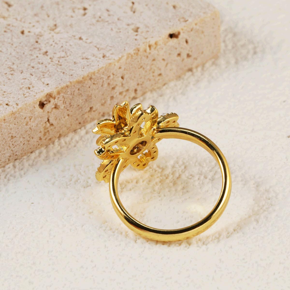 Cherry Blossoms Rotating Flower Fidget Spinner Ring for Women Hypoallergenic Gold-Tone Plated Crystal Floral Stress Relief Anxiety Rings Cubic Zirconia Open Adjustable Promise Wedding Band Trendy Jewelry