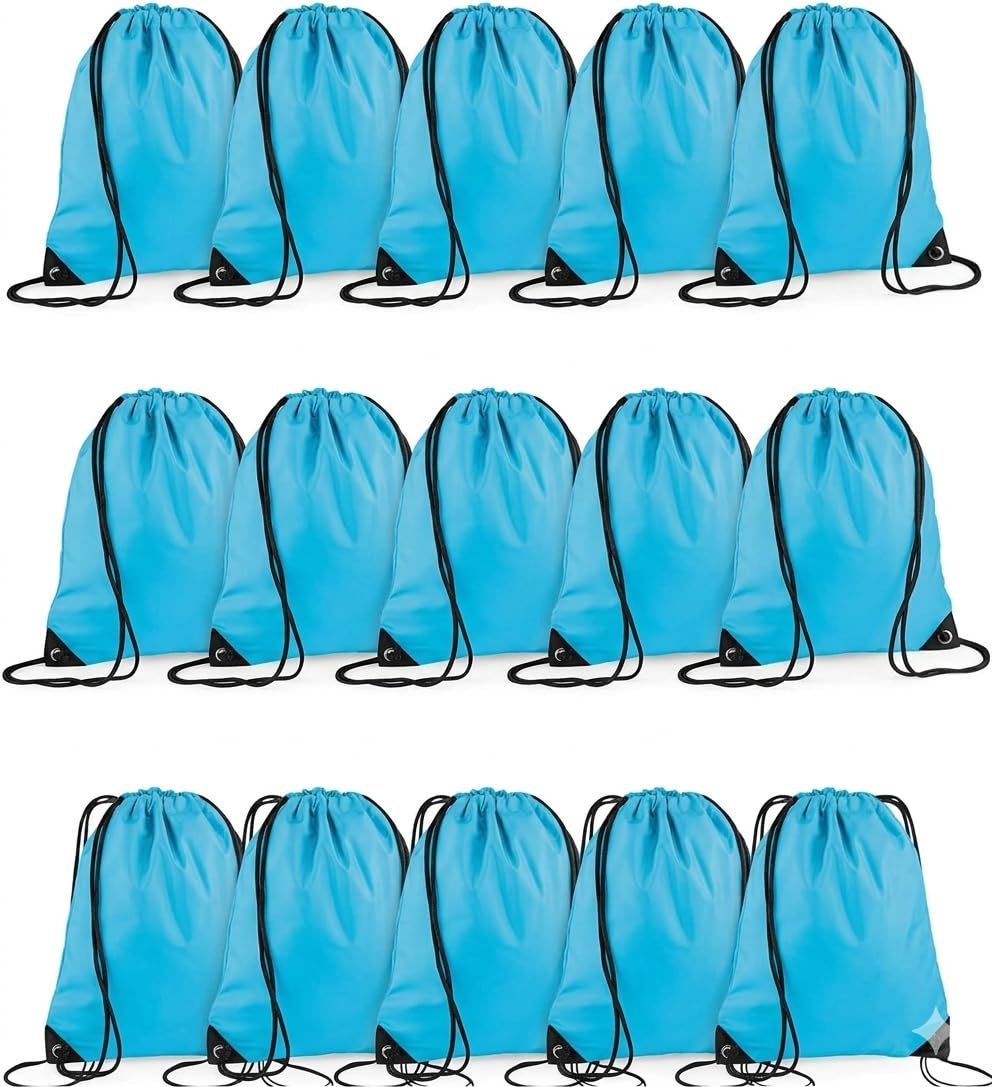 Playcrate 15 Drawstring Bags Backpack - Party Gift Bags & Sports String Bag for Gym, School, Travel Storage Organization (Light Blue)