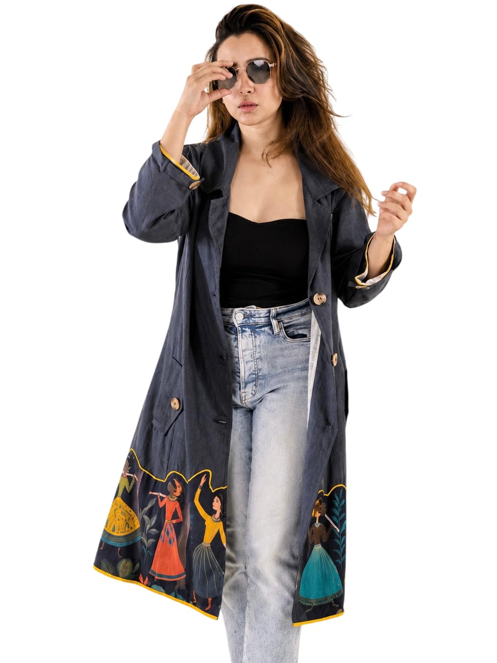 c sharp Madhuban 100% Organic Cotton Long Coat for Women | Vibrant Hemline Artwork Front Back Bold Outlines Stylish Layering Shrug Outerwear Music Art Apparel-picture-35