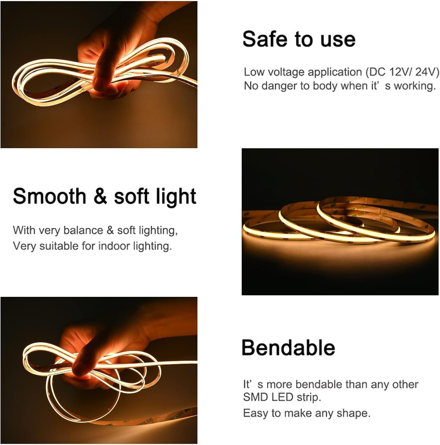 COB LED Strip Light UL Listed DC 12V LED Strip Light Flexible Super Bright Dimmable LED Strips,16.4ft 1600LEDs High Density Uniform Led Lights for Home Bedroom (Warm White 3000K)