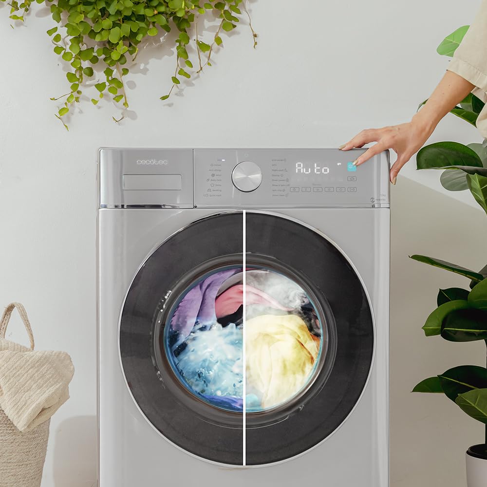 Cecotec Lavadora Secadora Carga Frontal 8Kg-5Kg Bolero Wash&Dry 8580 Inverter Steel B. 1400 rpm, 16 programas, Motor Inverter Plus, Clase A, Fuzzy Logic, Smooth Wash, SpaCare, Stain Match, Steel