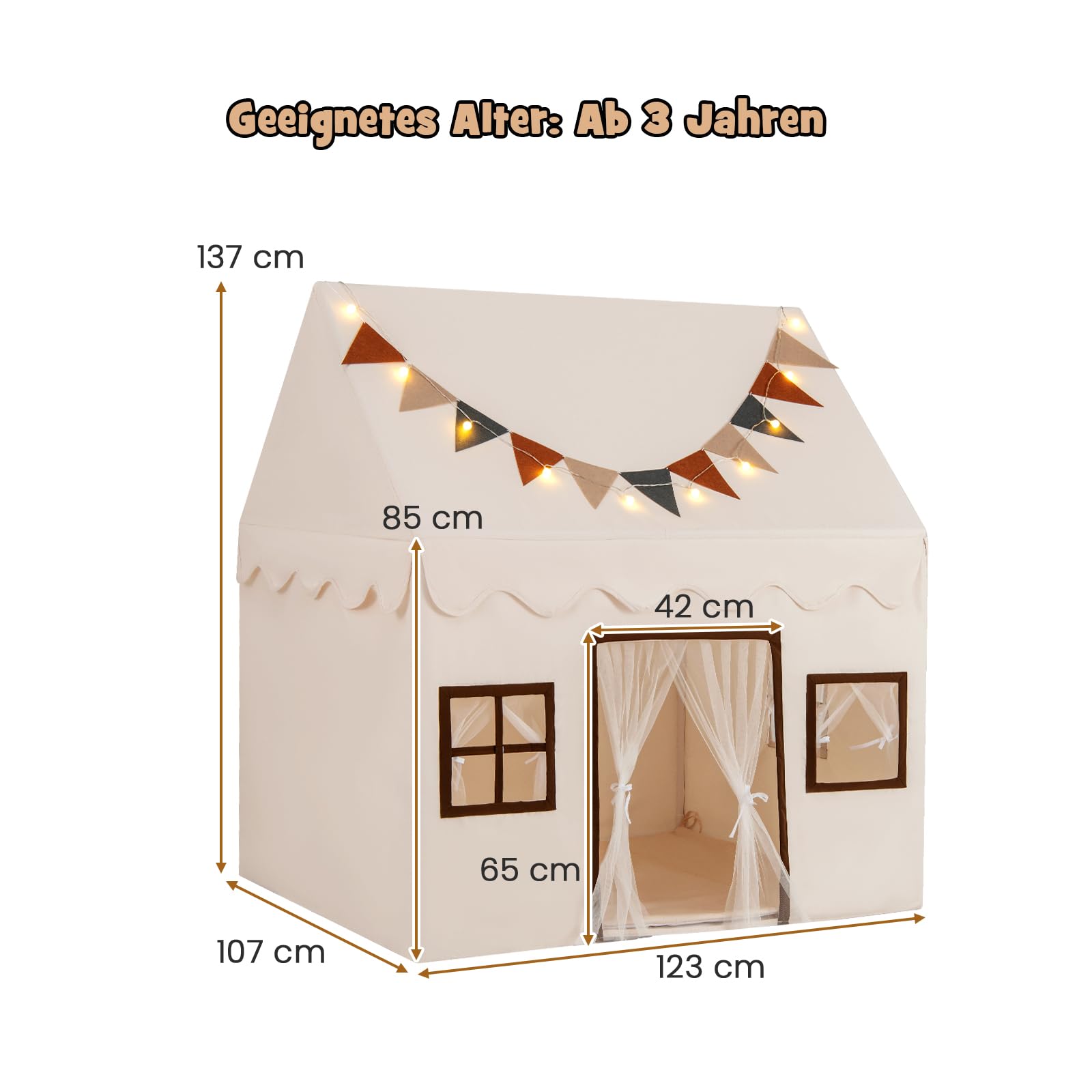 DREAMADE Spielzelt für Kinder mit Lichterkette und gepolsterter Matte, Tipi Zelt Kinder Spielhaus mit Fenstern, Kinderzelt für Jungs und Mädchen für Indoor und Outdoor (Beige+Braun)