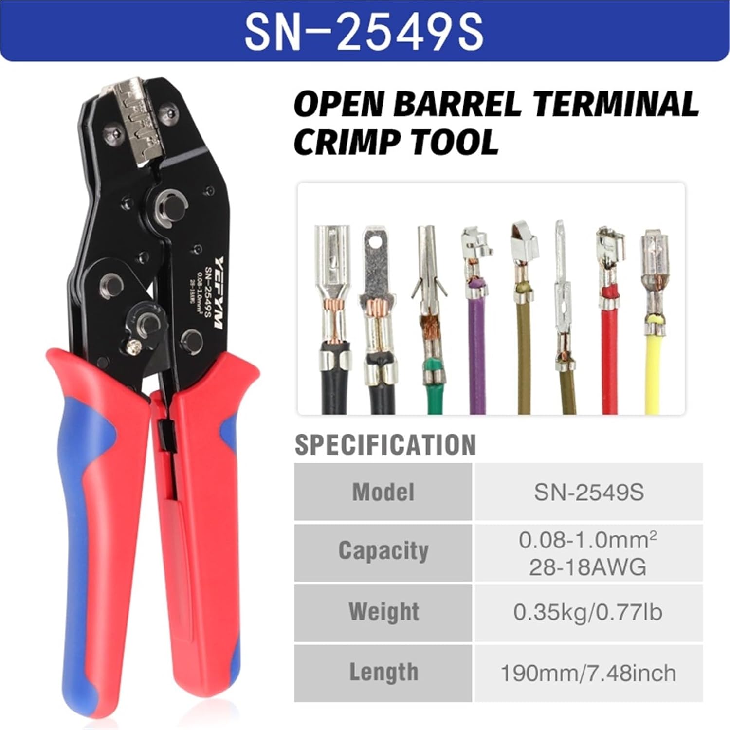 Crimping Tools SN-2549S For PH2.0/XH2.54/2.8/3.0/3.96/KF2510/JST Terminal AWG 28-18 (0.08-1.0mm²) Wire Ratcheting Pliers(SN-2549S)