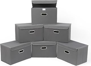 STOREONE Fabric Storage Cube Bins Foldable Organizer Container Collapsible Basket with Lids and Metal Handles, for Home, Bedroom, Closet 6 Pcs (Grey)
