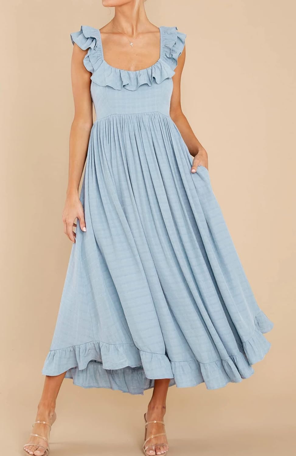 R.Vivimos Summer Dress for Women Sleeveless Boho Ruffle Square Neck Tie Back Casual Backless Flowy Midi Dress - Image 3