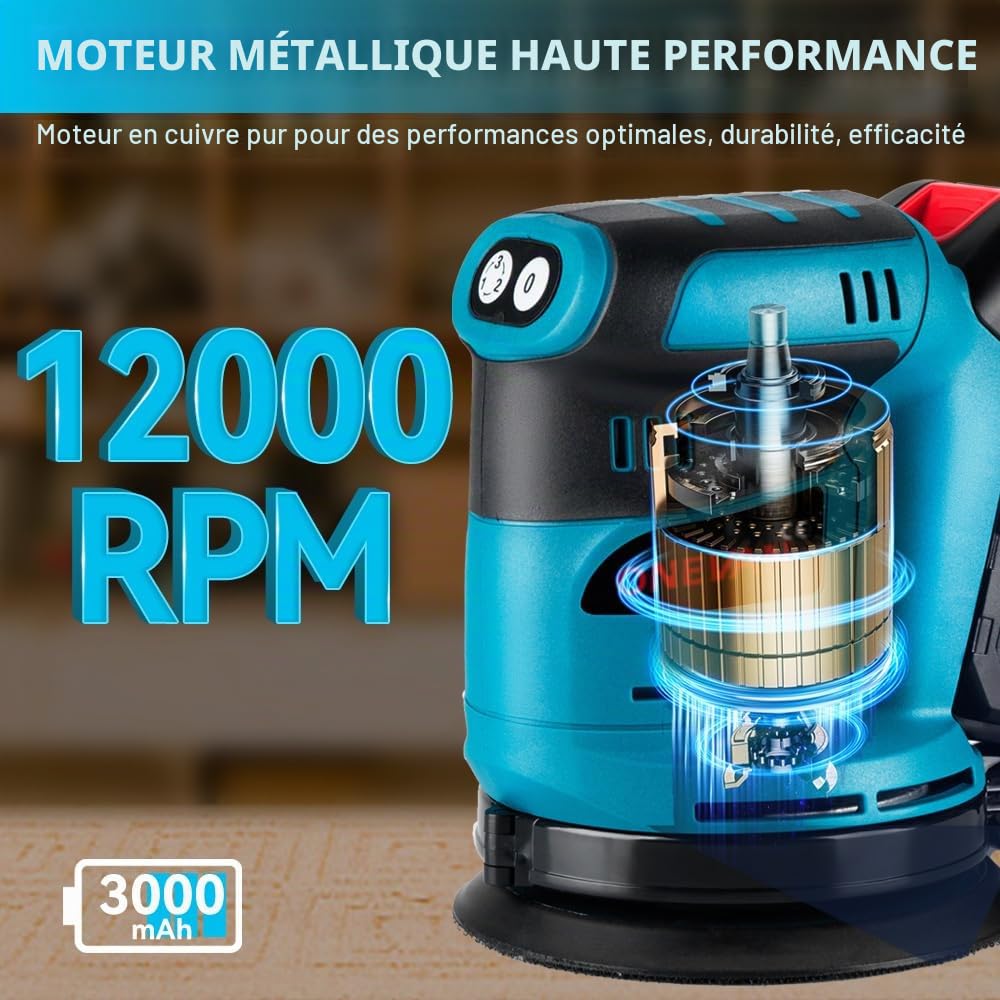 ONEVAN Ponceuse Excentrique Sans Fil 125mm avec 2 Batteries & 5 Papiers | 3 Vitesses 8000-12000 tr/min, Ponçage Rapide, Aspiration Efficace avec Sac, Pour le Ponçage du Bois, Métal et Vernis