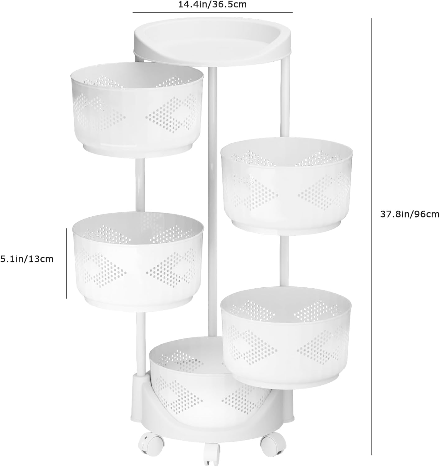 5 Tier Large Kitchen Storage Cart, Circular Rotating Basket, Storage Rack with 360 Degree Wheels, Fruit Vegetable Shelf, Rotatable Basket for Kitchen Bathroom White Five Layers - Image 9