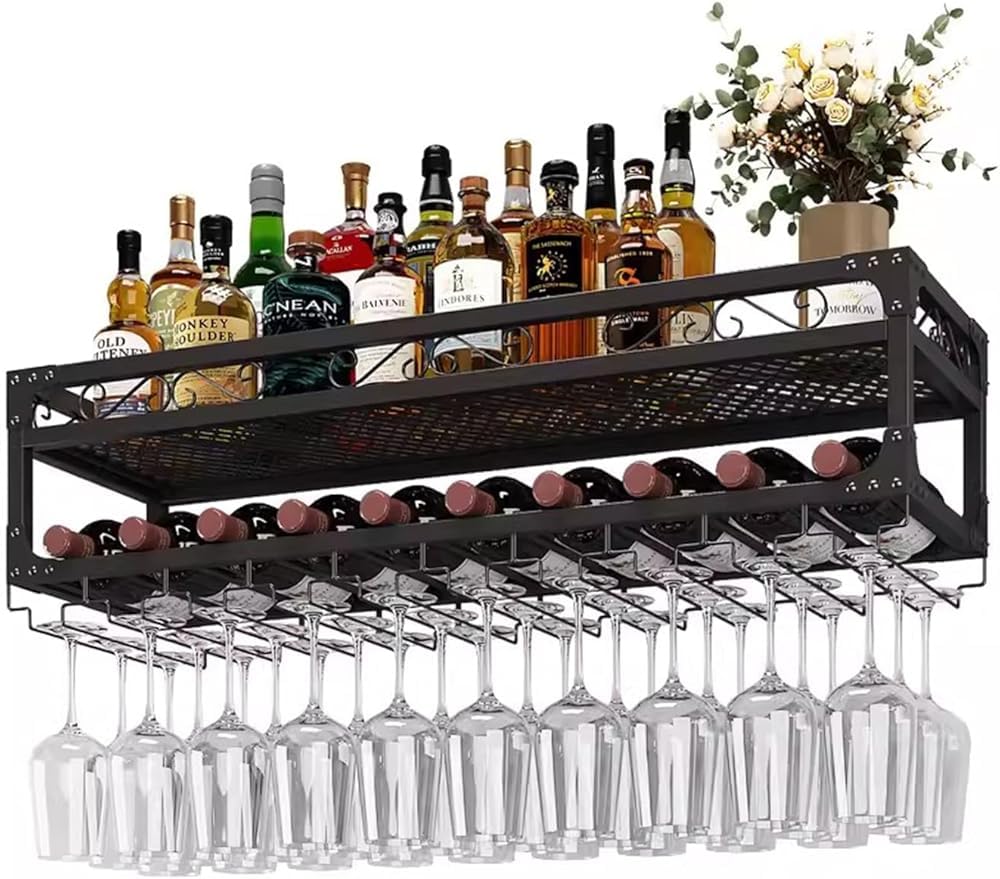 Casier à vin mural industriel 120cm avec support à verres pour bouteilles