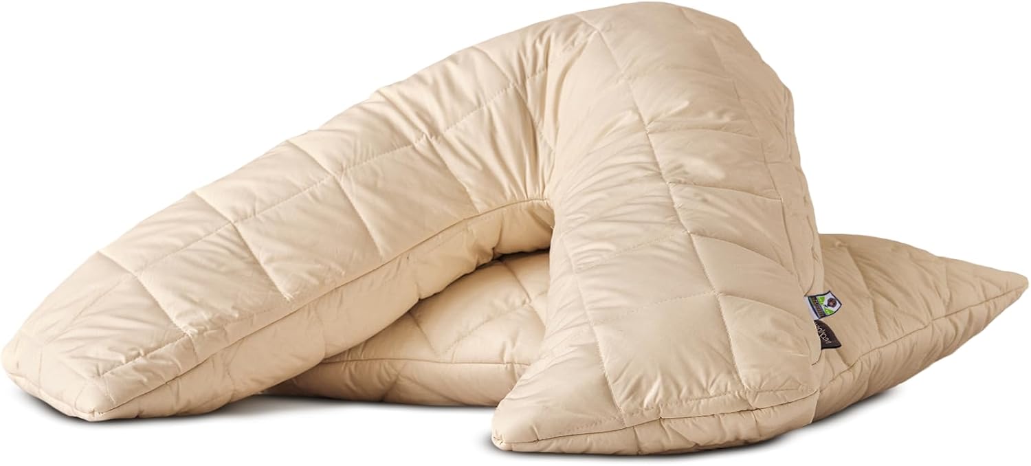 WOOLROOM Organic V-Shaped Washable Wool Pillow - 100% Natural GOTS Certified Traceable Washable Organic British Wool Organic Cotton 300 Thread Adjustable Bed Pillow - Feather Down Alternative Bedding