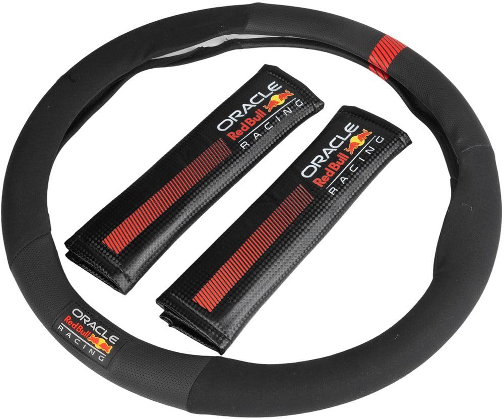 Red Bull Kit Coprivolante antiscivolo e 2 Passacintura imbottiti Powerbar racing Nero/Rosso per auto, Materiale Antiscivolo, Facile Installazione, Resistente e Universale, Diametro Coprivolante 38 cm