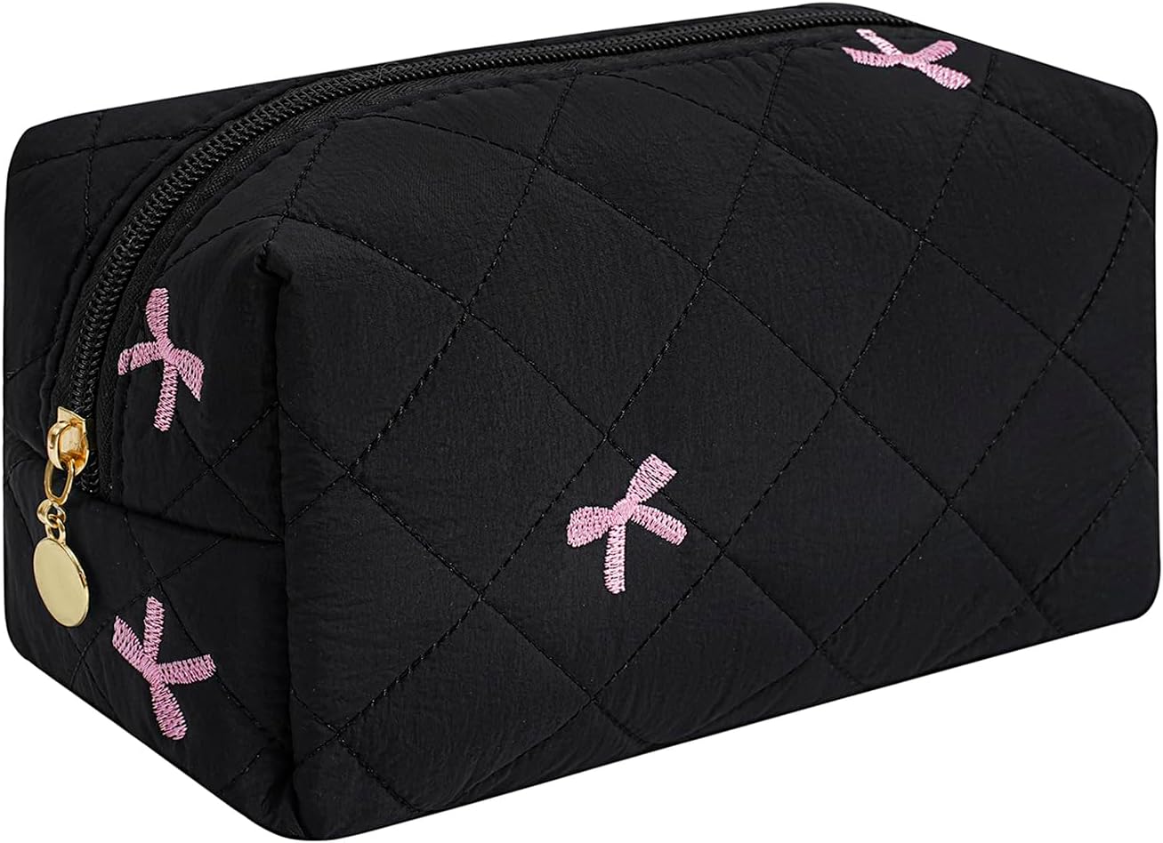 Gleyemor Small Quilted Makeup Bag for Women, Cute Floral Bow Cosmetic Bag, Emergency Bag Travel Toiletry Cotton Pouch Gifts for Girls Her Mom Friend Sister Bridesmaid (Black&Pink Bow)