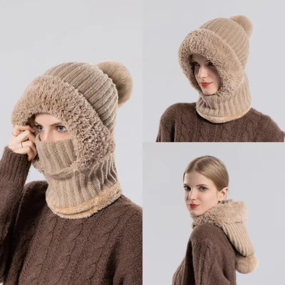 Women Cozy Knitted Woolen Balaclava Hat Winter Velvet Ear Fluffy Hat Mask Neck Integrated Warmth Cover Hat