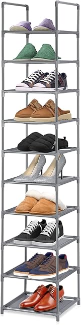 Perome Small Shoe Rack 10 Tiers, Shoe Storage Shelf for 10 Pairs of Shoes, Slim Tall Shoe Organiser, Space Saving Shoe Tower Stand for Hallway, Entryway, Cloakroom (Grey)