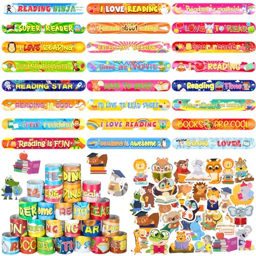 Sasylvia 320 Pcs Love to Read Slap Bracelets Party Favors for Kids Bulk Include 120 Inspirational Read Bracelets with 200 Book Stickers for Classroom Rewards Teacher Awards Prize School Gifts