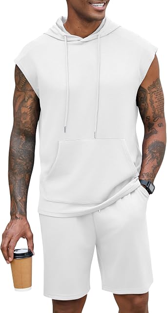 Mens 2-Piece Sleeveless Hoodie Shorts Gym Workout Set Summer | Air-layer breathable, lightweight stretch tracksuit set, sleeveless hoodie&shorts for athletic and daily,machine washable