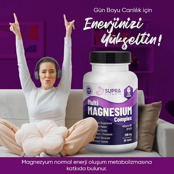 Multi Magnezyum Complex 60 Tablet- Klinik Onaylı Patentli Magnezyum Albion TRAACS® & Magnesia®, Bisglisinat + Sitrat + Malat + L-Threonat + Glukonat & Taurat + Vitamin B6 (P5P)