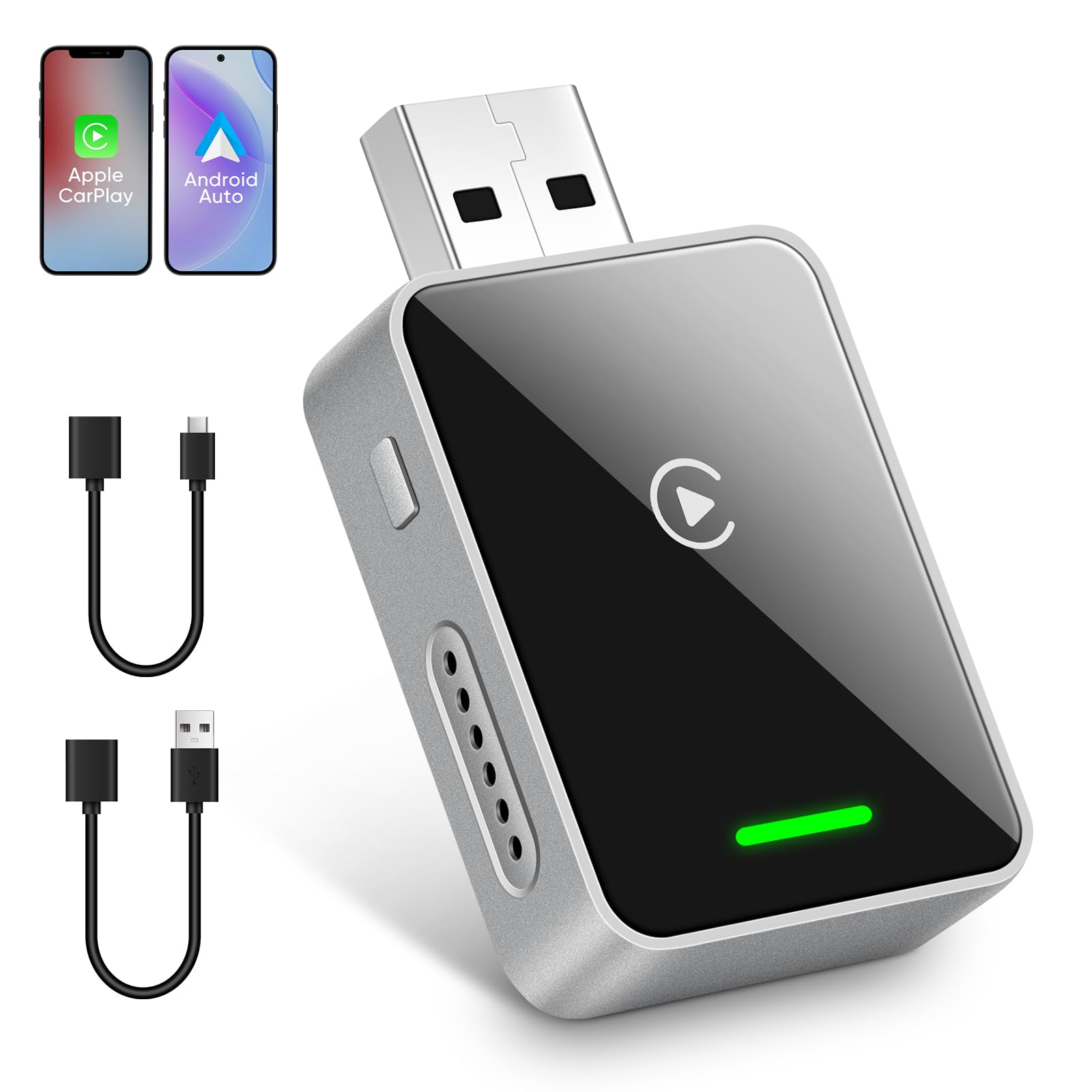 MYPIN Bezprzewodowy adapter 2 w 1 do CarPlay/Android Auto, stabilne połączenie i brak opóźnień, adapter CarPlay z przedłużaczem USB A/C, kompatybilny z iPhone/Android, czarny