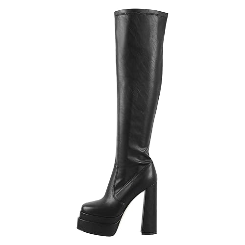 Only maker Overknee Stiefel Stretch Boots für Damen mit Plateau Blockabsatz - 42 EU - Schwarzpu